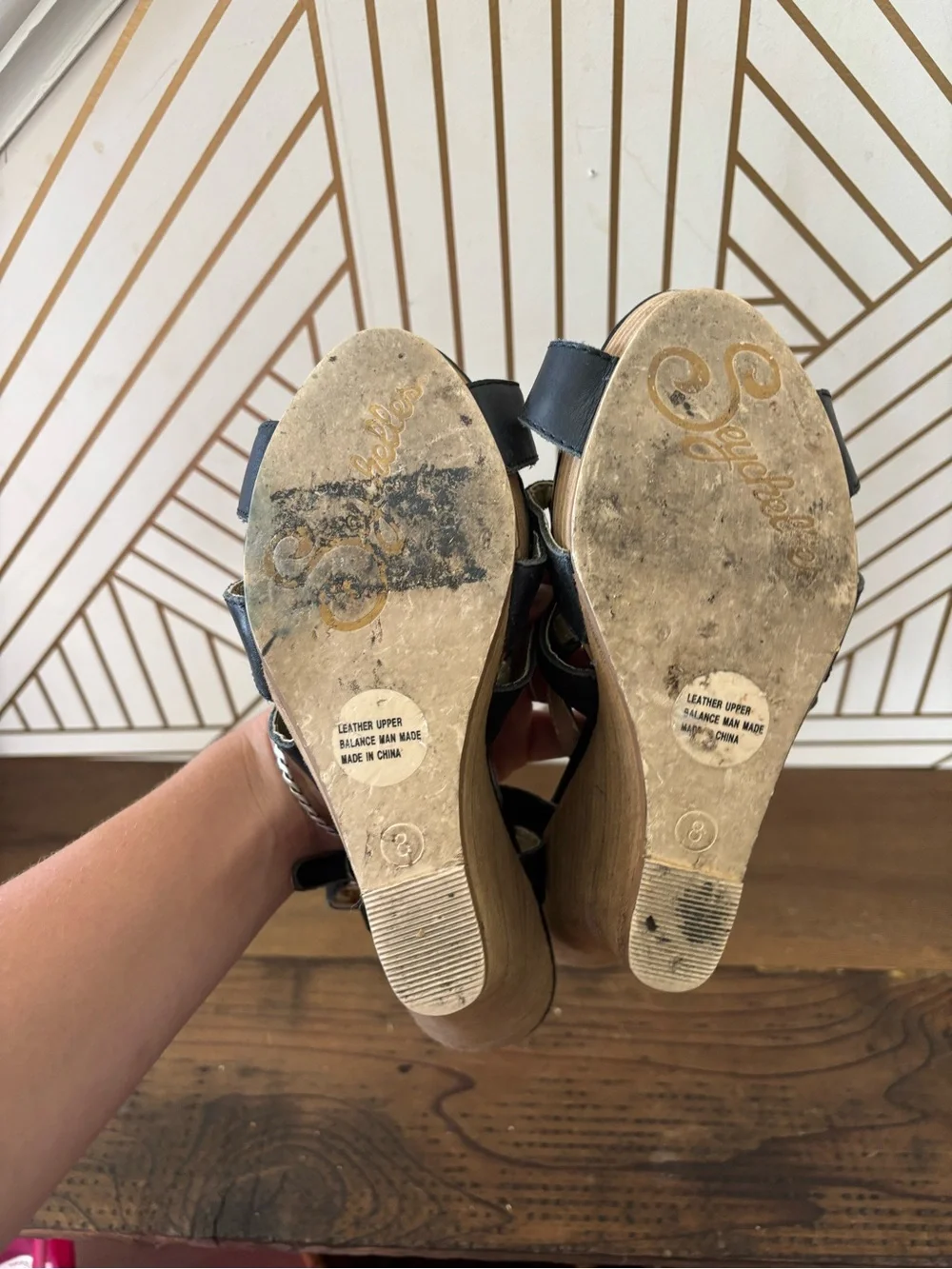 Seychelles Black and Gold Leather Wedge Sandals